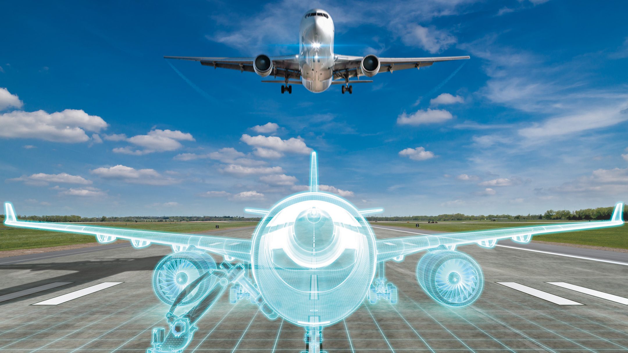 Image of a plane flying above a runway with a digital illustration of a plane below it on the runway.