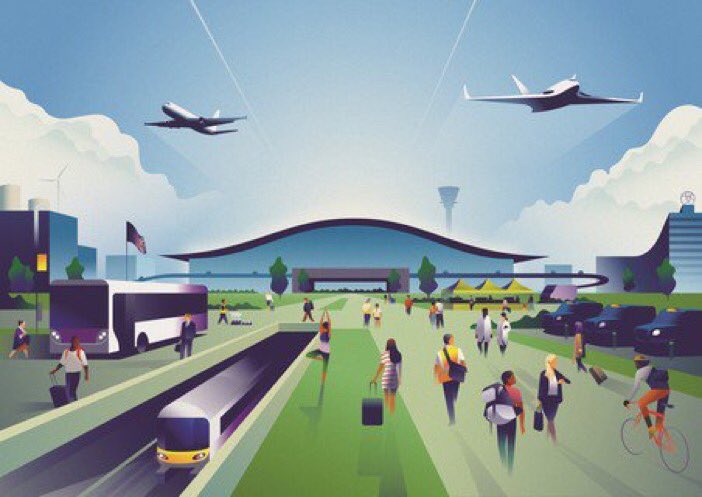 Illustration of the view of an airport from outside. People, planes, and trains are all present.