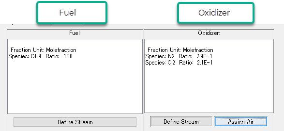 The fuel and oxidizer parameters set in LOGEresearch