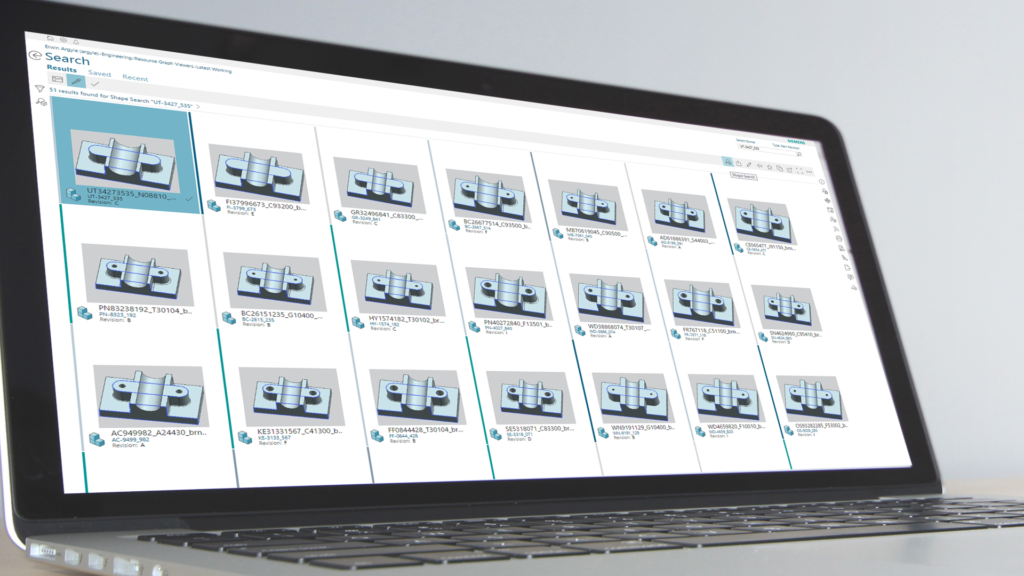 A Geolus identity report compares every part, returning groups of identical or near identical parts in a single document. This database-wide information drives strategic initiatives.