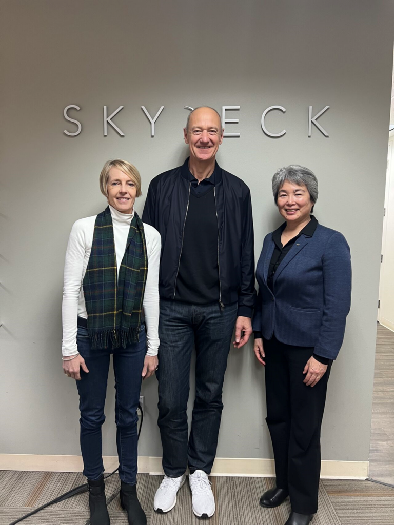 Pictured left to right: Caroline Winnett (Executive director of SkyDeck), Dr. Roland Busch, Dr. Tsu-Jae King Liu (Dean of the College of Engineering)