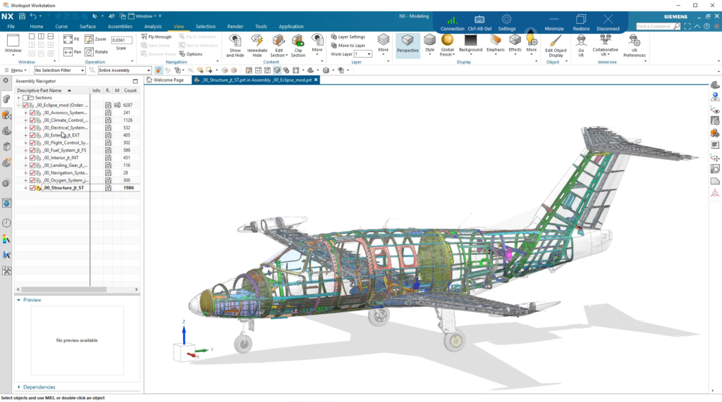 An image of an airplane frame in Siemens NX.