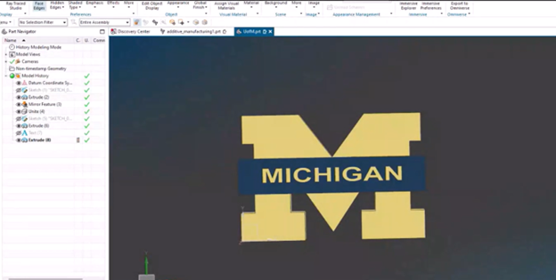 A 3D logo of the University of Michigan created in NX.