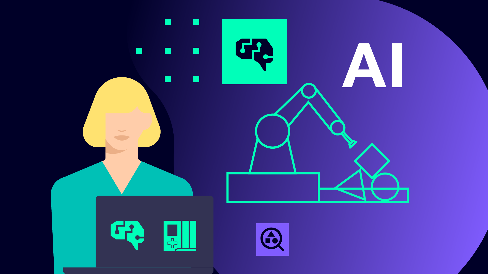 An engineering student works at her computer on AI in engineering courses, with industry images floating around to represent her studies.