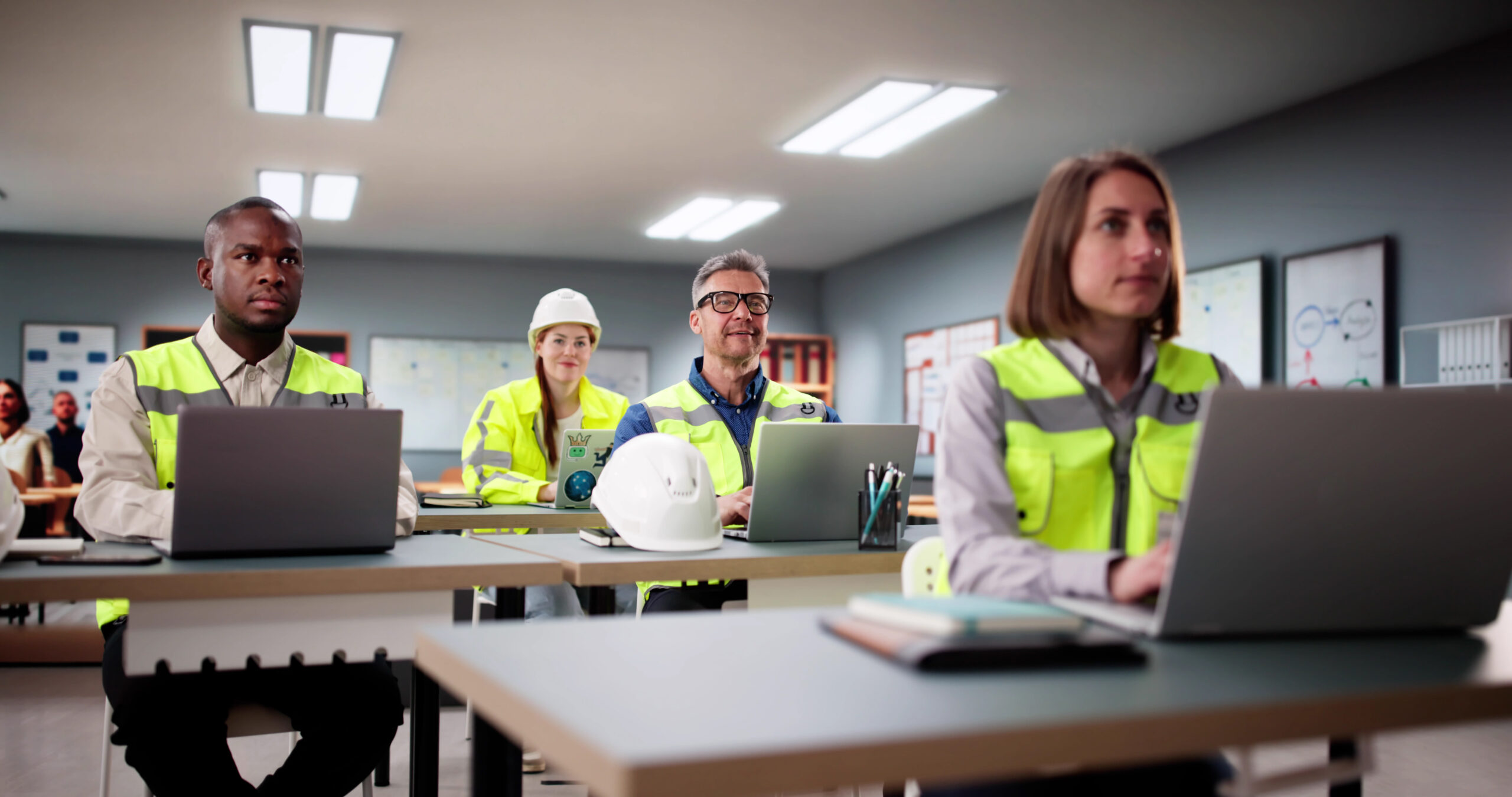 Students work in a collaborative environment with laptops, learning top skills for electrical engineering through Siemens' Expedite