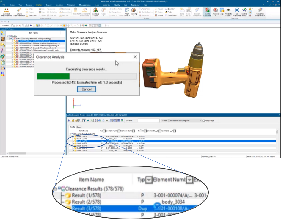 Clearance analysis being performed on a hand drill CAD design using Teamcenter Product Configurator.