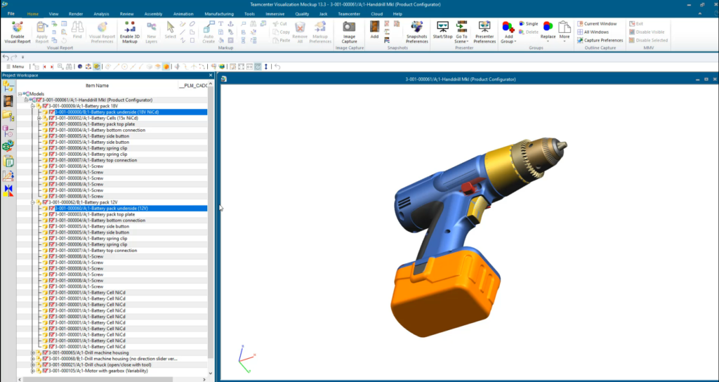 The underside of a hand drill's battery pack shows a potential collision issue between two variants. Analysis performed using Teamcenter Product Configurator.