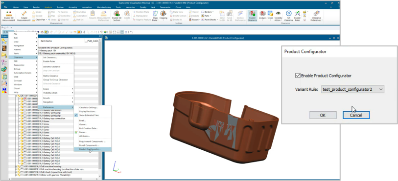 Teamcenter Visualization activating product configuration variant recognition for clearance calculation on a hand drill battery pack assembly.