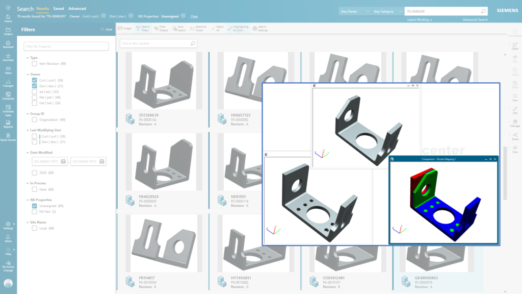 Geolus Shape Search results in Teamcenter Visualization 3D Compare.