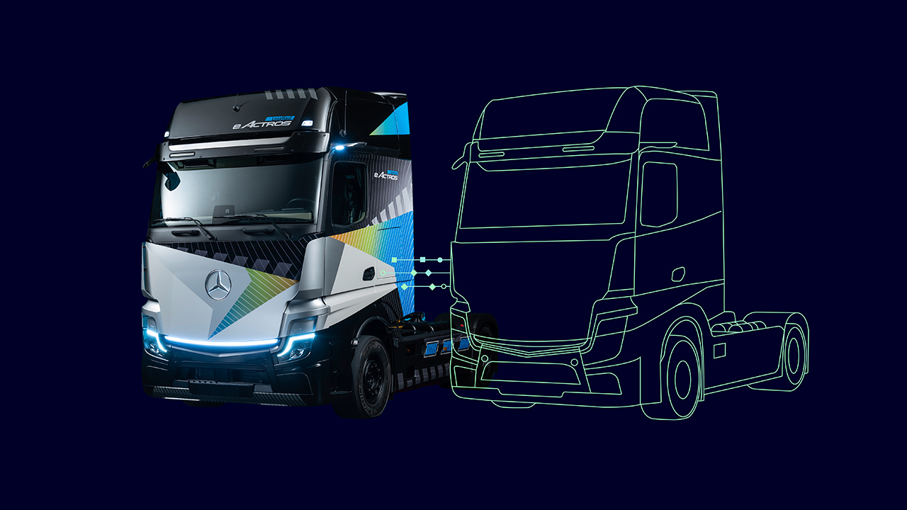 Daimler Truck - outline drawing and realistic rendering of a commercial truck