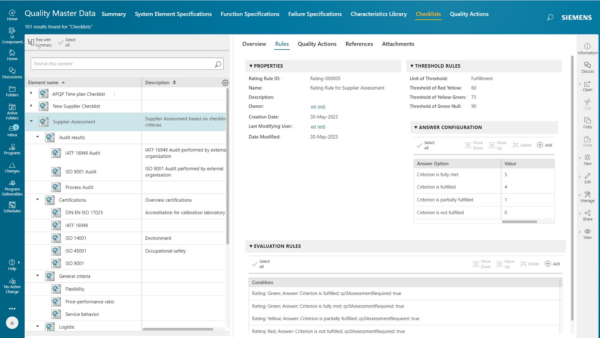 Example of checklist rules definition in Teamcenter Quality