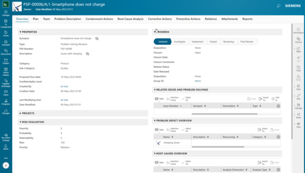 Example of improved functionalities in Teamcenter Quality Problem Solving 