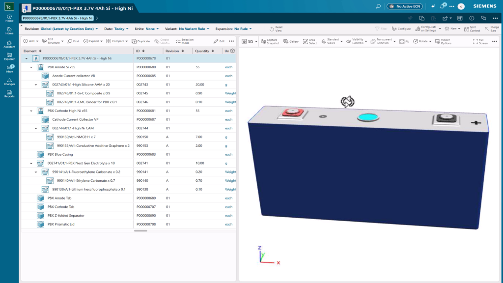 Screenshot of a battery being worked on in Teamcenter Battery Lifecycle Management.