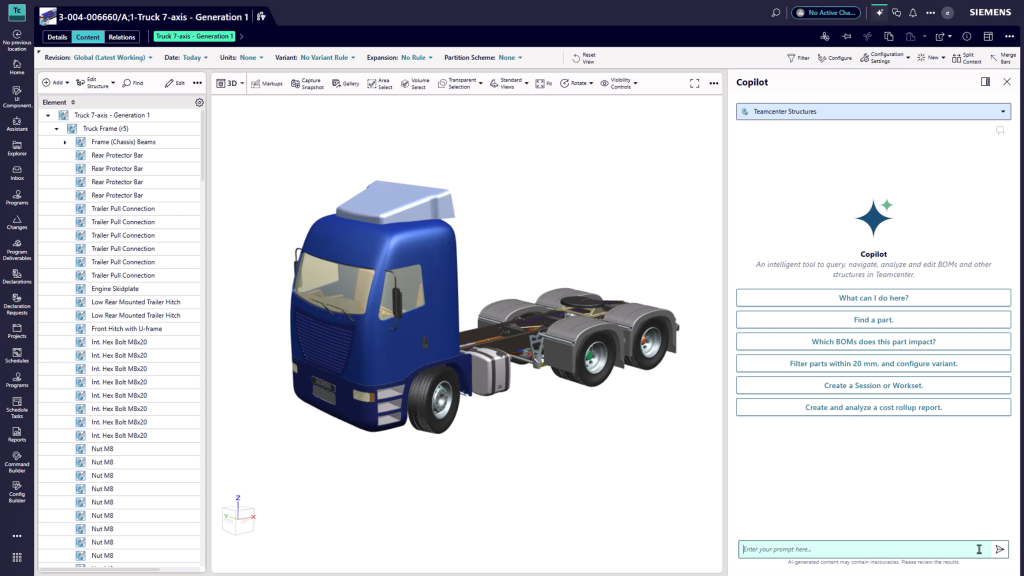 Start screen of the AI BOM agent in Teamcenter