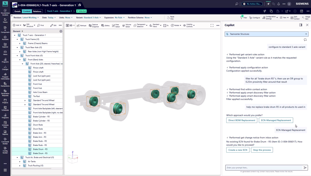 AI BOM agent configures the product, applies Smart Discovery filters, and executes an ECN-managed part replacement