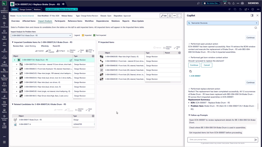 After executing a part replacement, the AI BOM agent displays all impacted items 