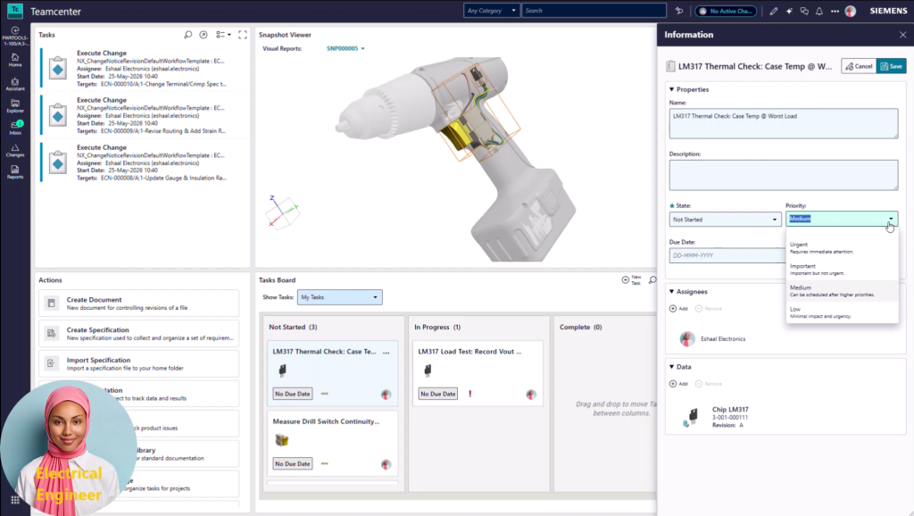 Electrical engineer adding tasks from their new Teamcenter Home PLM dashboard