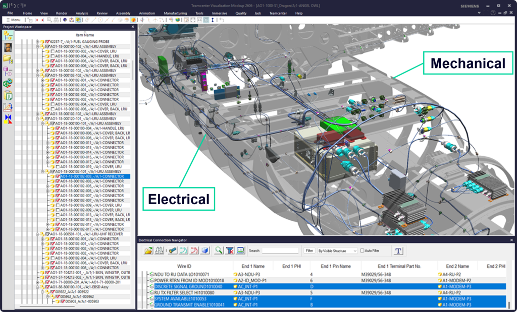 Digital mockup of an airplane with electrical and mechanical components to highlight ECAD MCAD collaboration.