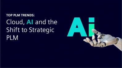 Image with robot hands holding "AI" with text that describes top PLM trends