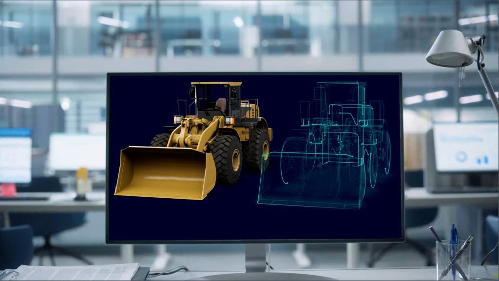 Compute monitor showing bulldozer and digital twin to support PLM trends