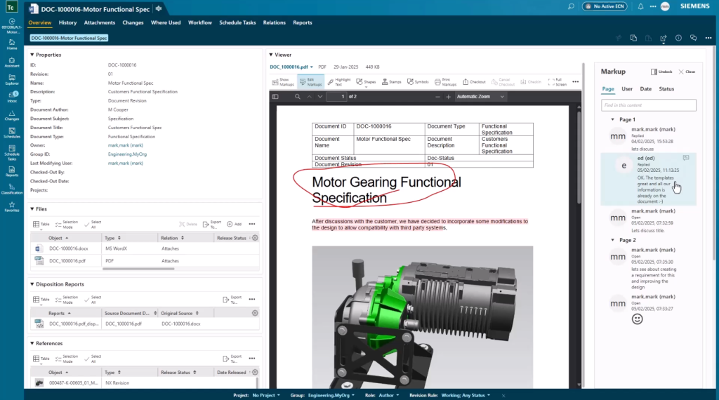 Track markups and comments on documents in Teamcenter X