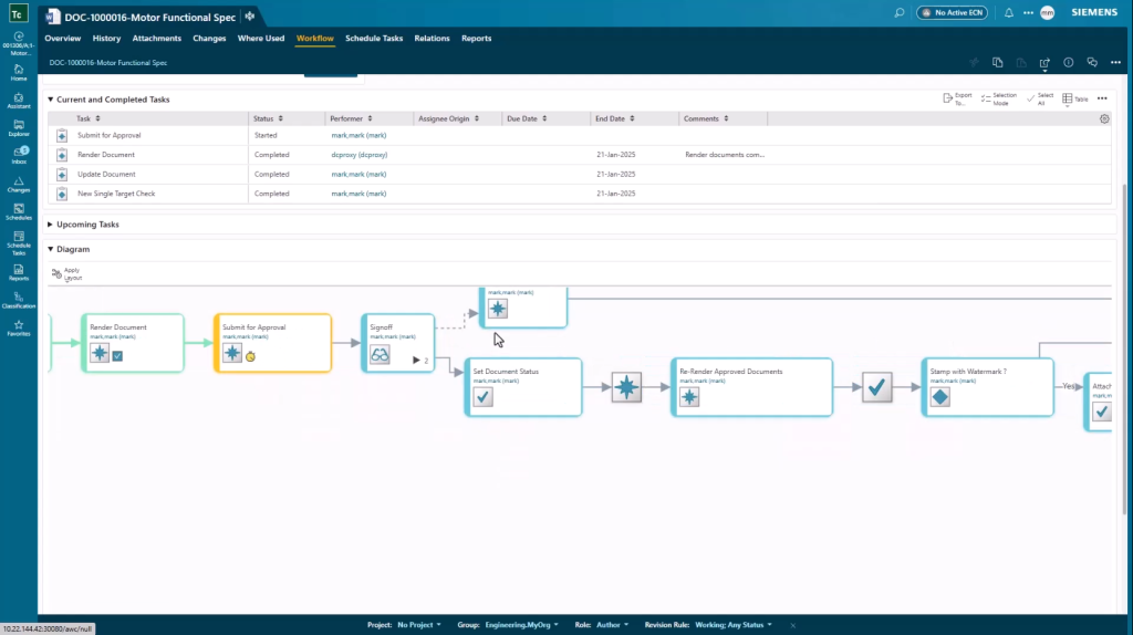 Screen of workflows for approving document changes