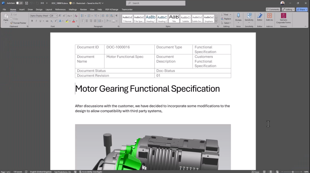 Document in Microsoft Word that will update to Teamcenter X.