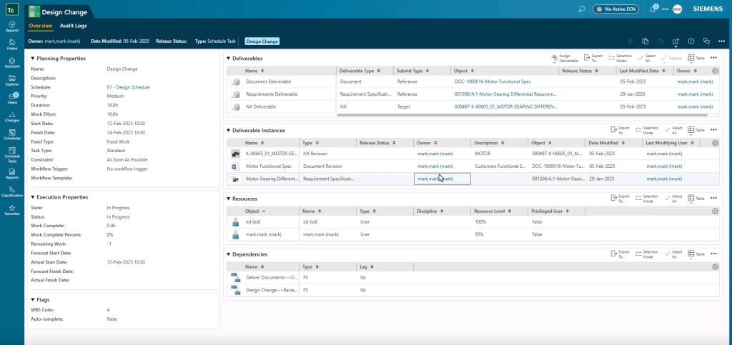 Viewing a engineering change workflow for a design update in Teamcenter
