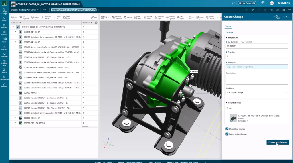 Quickly create a change in the correct context to maintain a transparent engineering change workflow in Teamcenter X