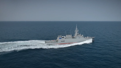 Model-based systems engineering example of a Navantia military ship cruising.