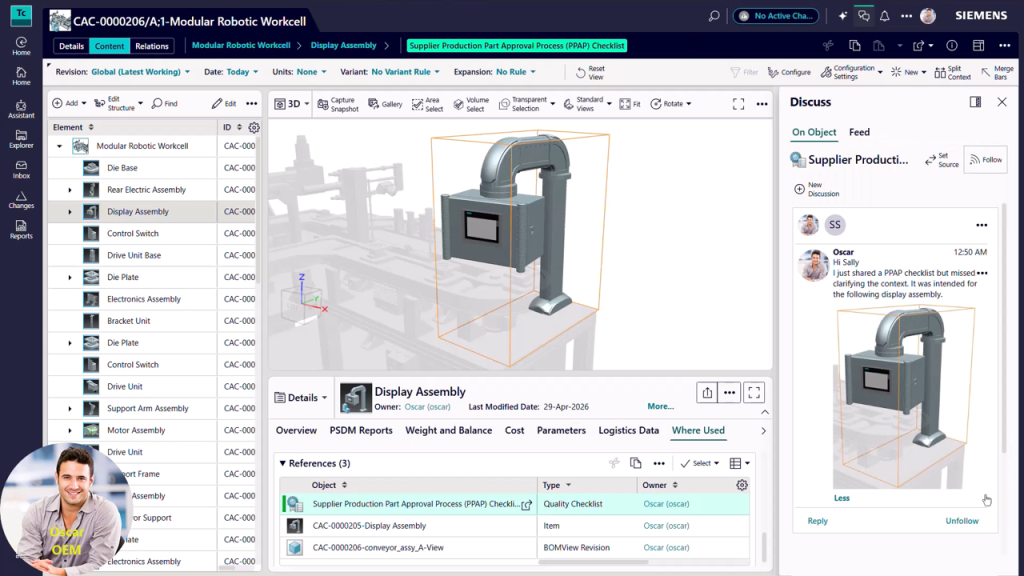 Screen shot of Teamcenter illustrating supplier collaboration. There is a 3D model with a particularly assembly selected and, on the right side, there is a discussion between the OEM and supplier displayed.