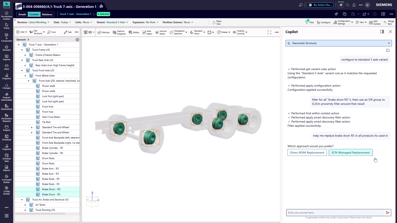 Screen shot of BOM AI in PLM, helping the user replace a brake drum part. 