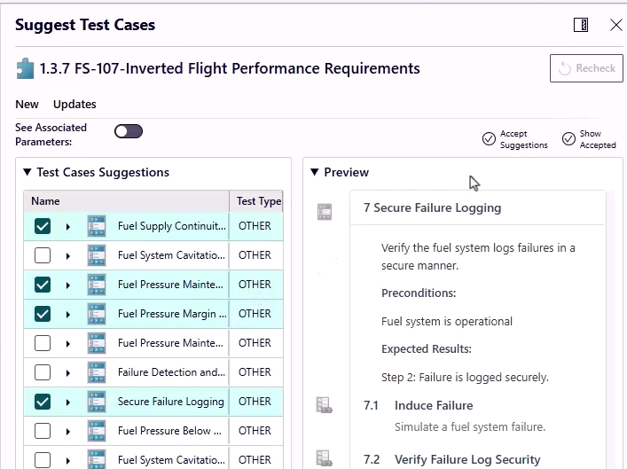 Screen shot of Teamcenter providing AI in PLM to suggest test cases to satisfy a new product requirements.