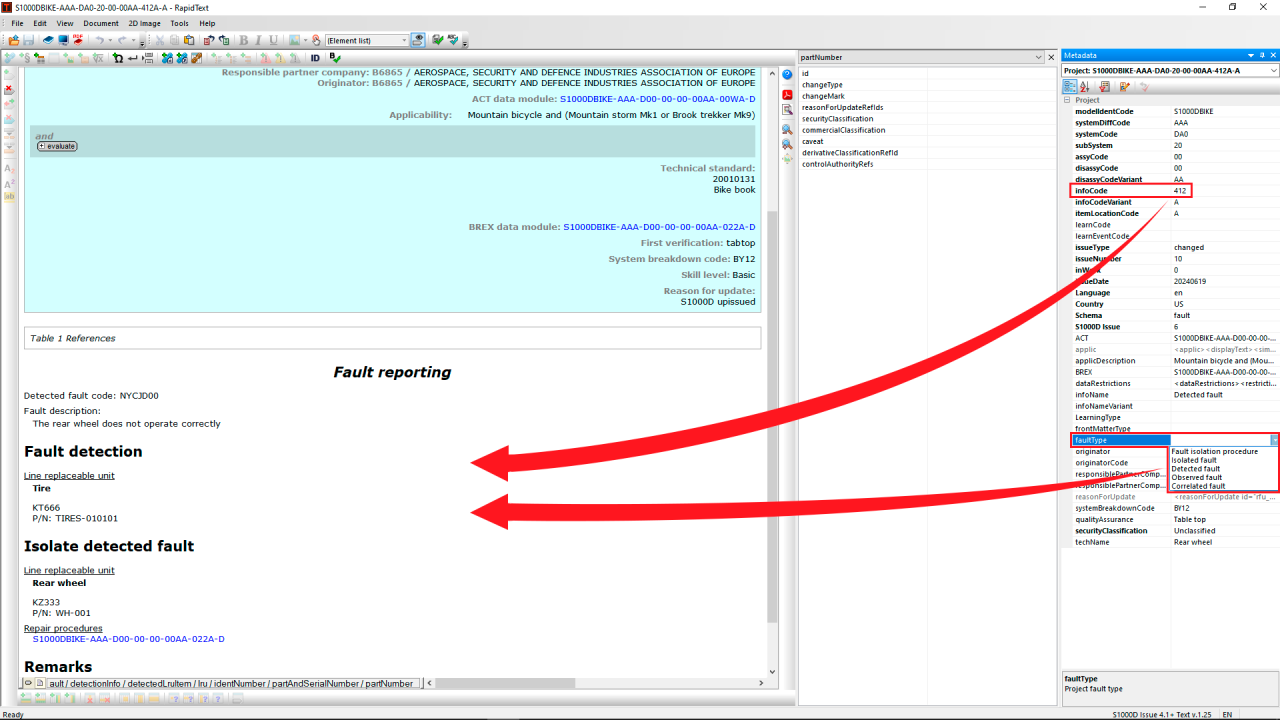 Screen shots of new Teamcenter RapidAuthor metadata that allows you to create formatted fault reports in accordance with S1000D standard