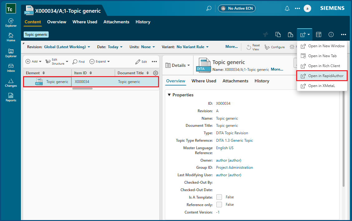 Screen shot of user opening DITA content directly in Teamcenter RapidAuthor