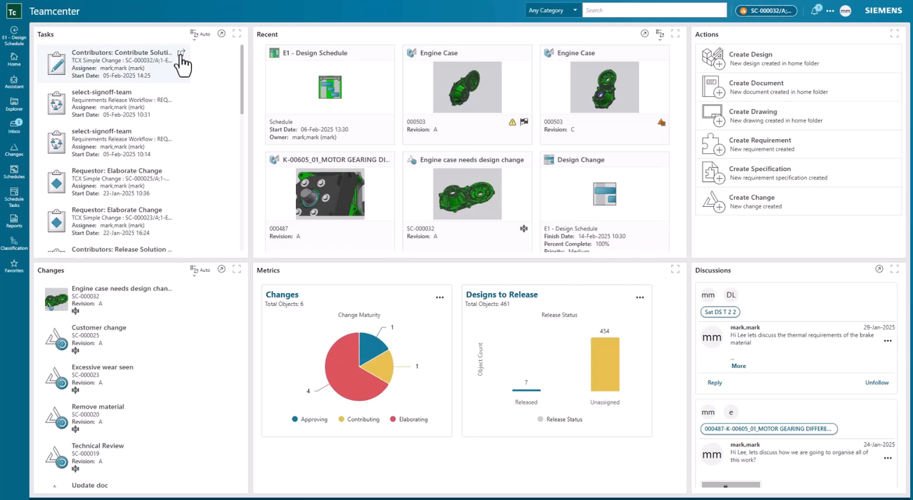 PLM project management in the Teamcenter Home Page
