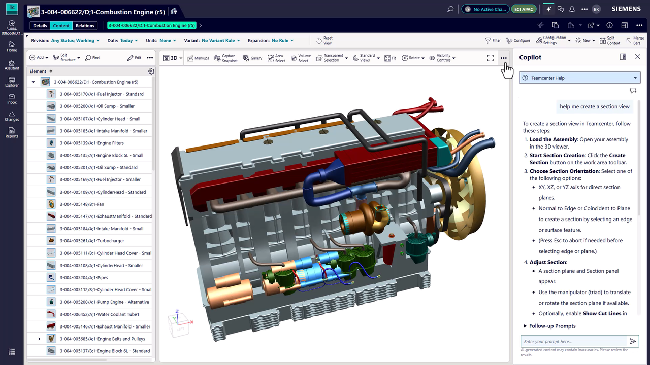 Screenshot showing AI in PLM