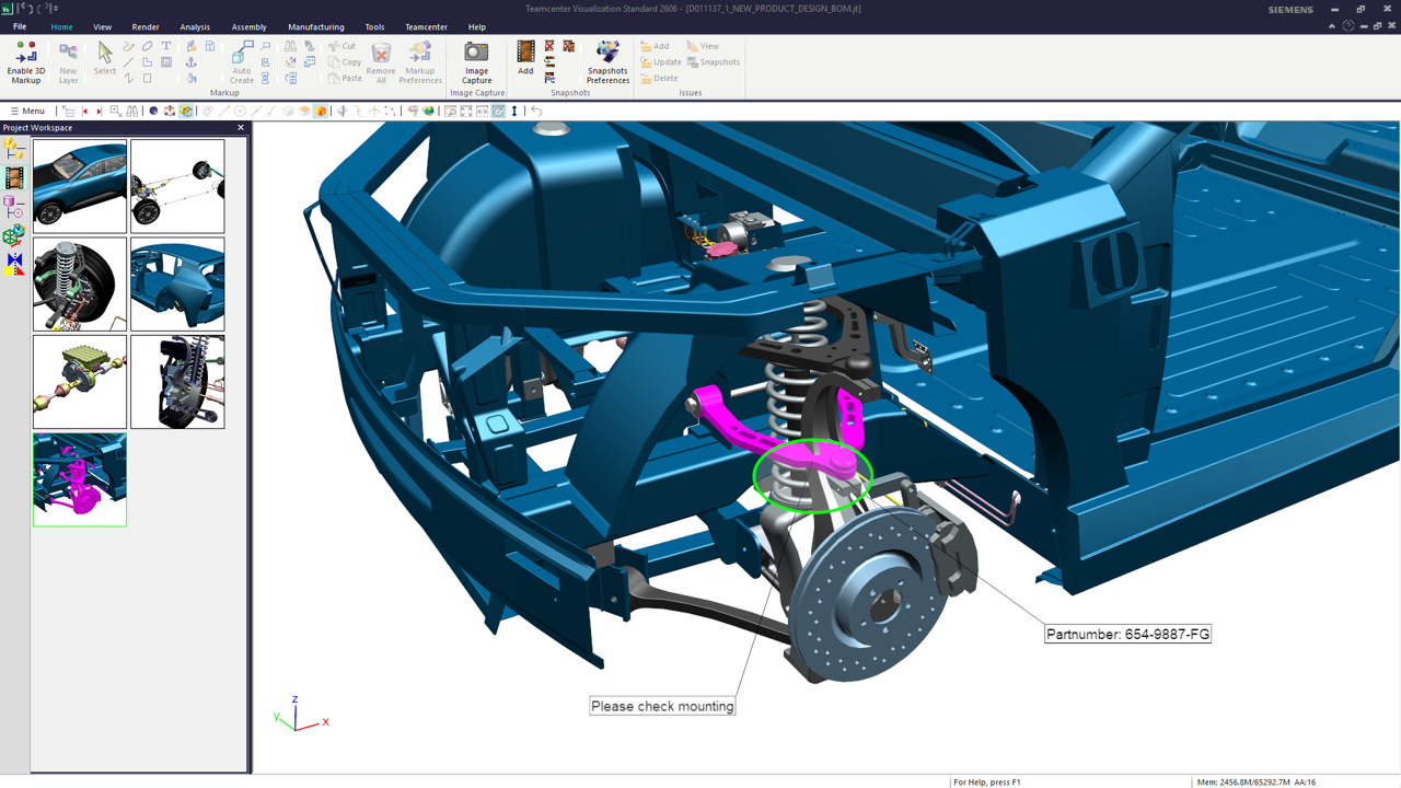 Screen shot of visualization of the front car suspension using CAD-neutral JT . You can see comments made on the parts, showing collaboration by non-engineering experts in a model-based enterprise.