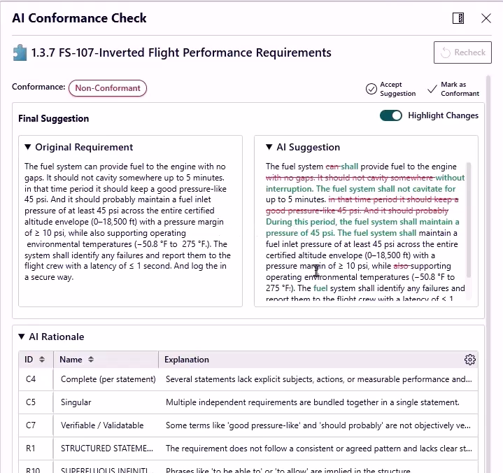 Screen shot of requirement verification AI capabilities in Teamcenter. Shows a test case with AI-proposed markups and explanations.