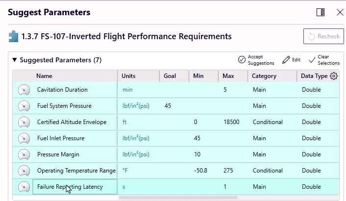 Screen shot of Teamcenter using requirements verification AI capabilities to suggest parameters that support inverted flight.
