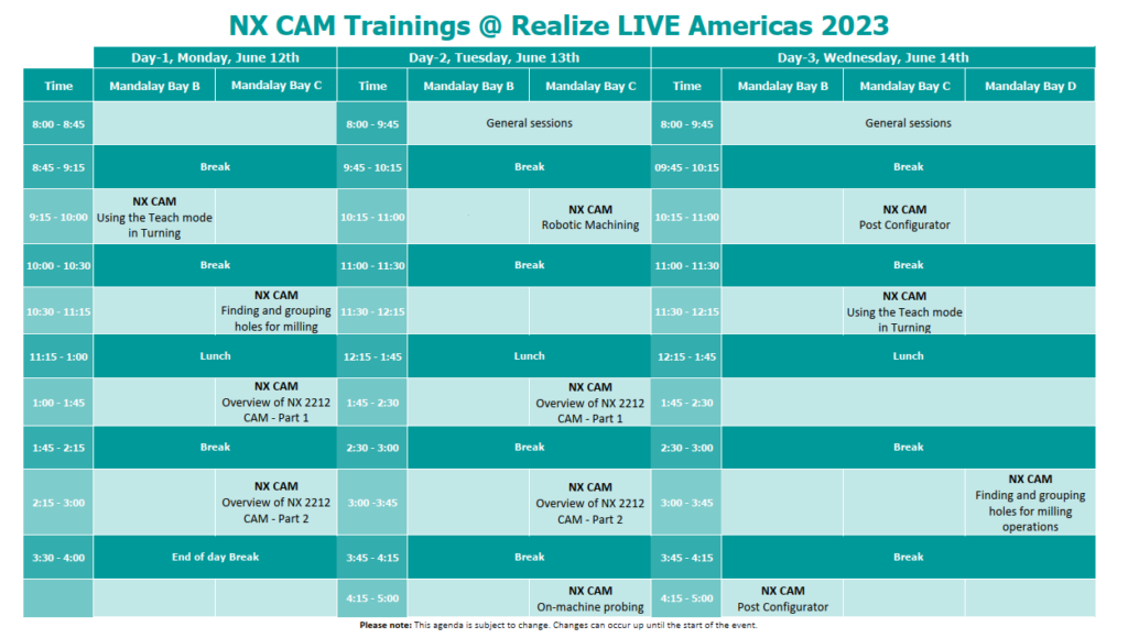 NX CAM Training sessions Agenda at Realize LIVE Americas 2023