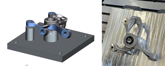 Images showing both the digital and physical fixture designed in NX and manufactured in house to clamp the part for the backside operations.