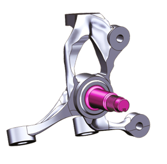 Isolated view of a digital representation of the steering knuckle for the electric vehicle.