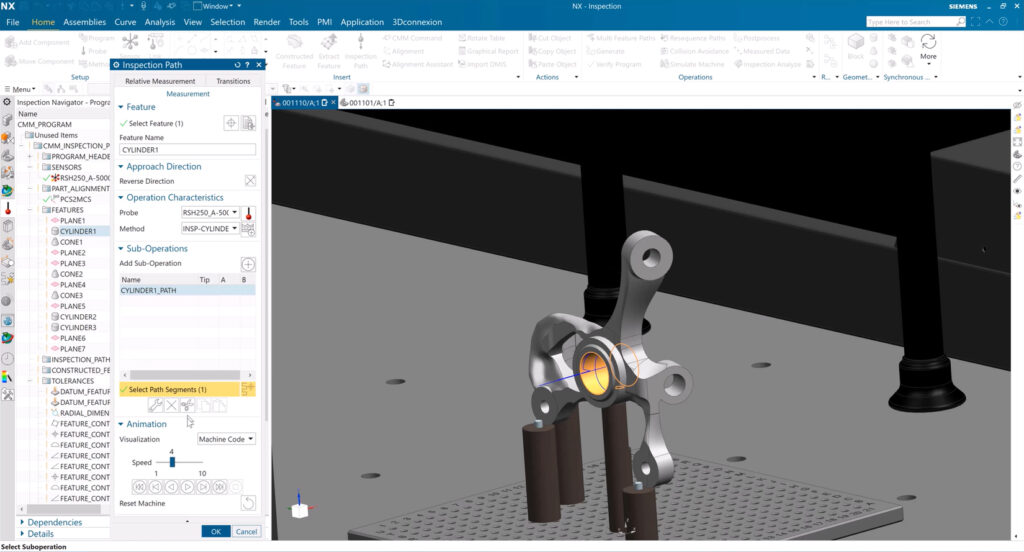 Screen shot showing CMM inspection programing on the steering knuckle.