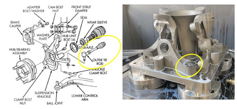 Machining in progress: The support structures for the upper arm have been removed and the center bore is machined using the 3D Adaptive Roughing operation