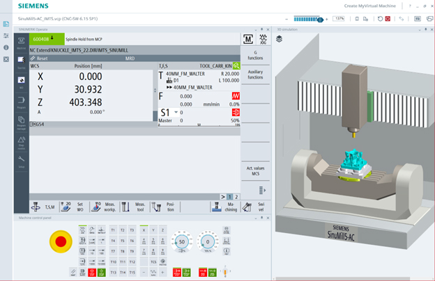 Screen shot showing the digital twin of the SINUMERIK One control system.