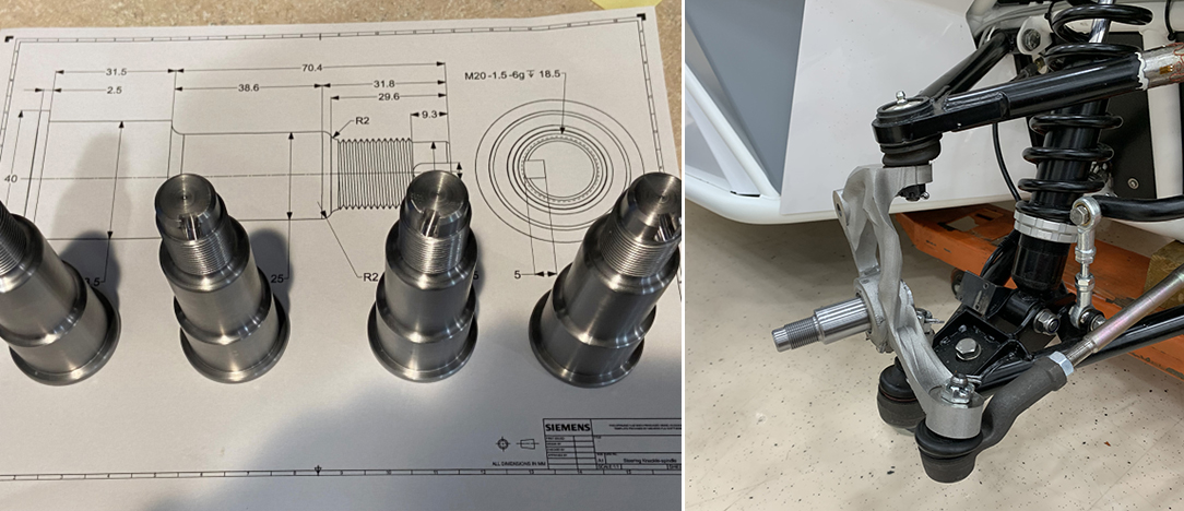 Blue print and of the steering knuckle spindles next to an image of the finished steering knuckle.