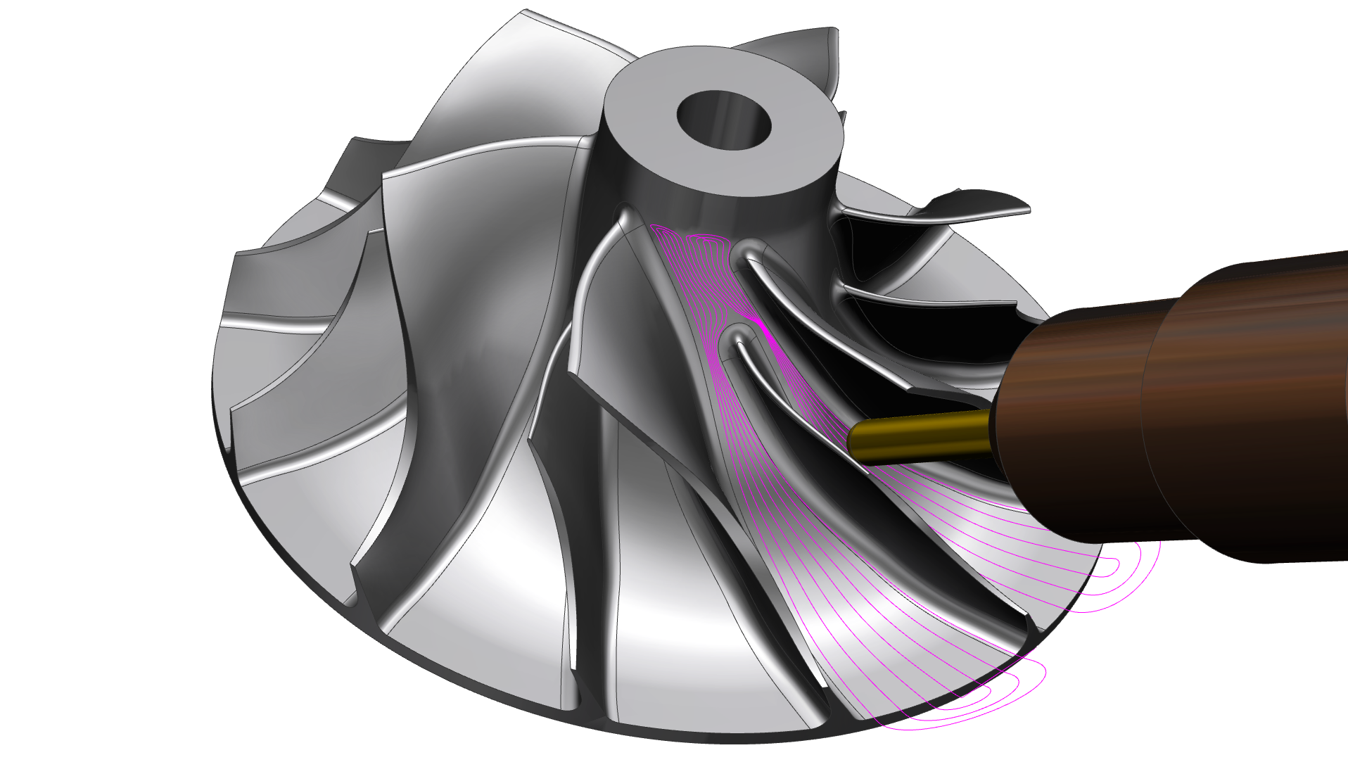 A turbo blade being machined.