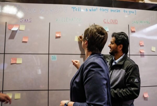 Realize LIVE attendees in the Innovation hub putting sticky notes down on whiteboard