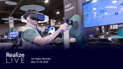 A man at Realize LIVE using virtual reality devices to work with tools in a digital, virtual space.